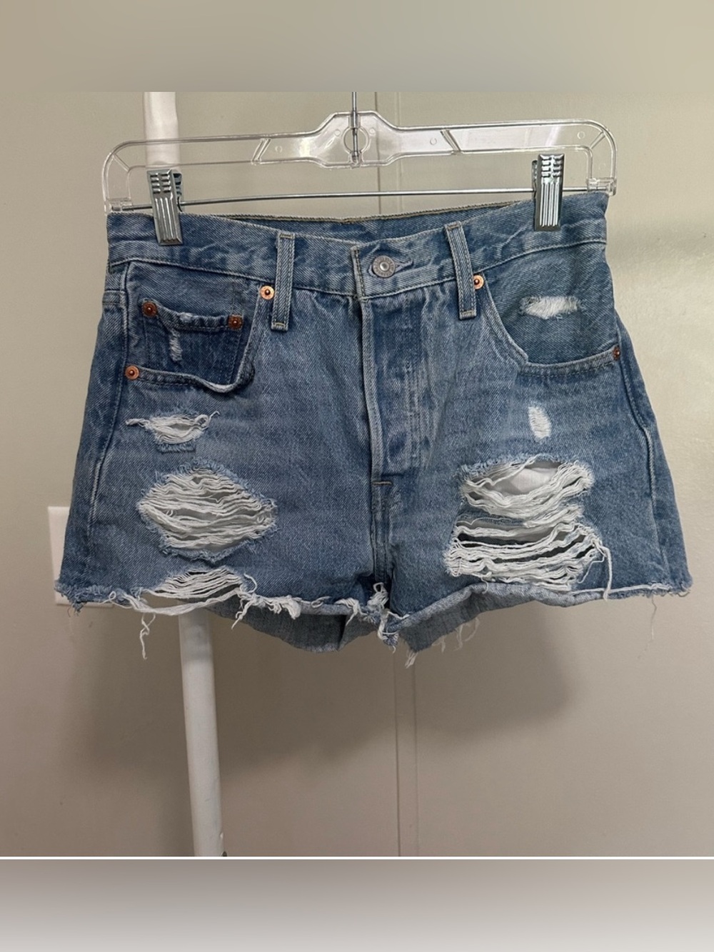 Levi’s 501 High Waisted Distressed Medium Wash Denim Shorts size W25 - 28” waist